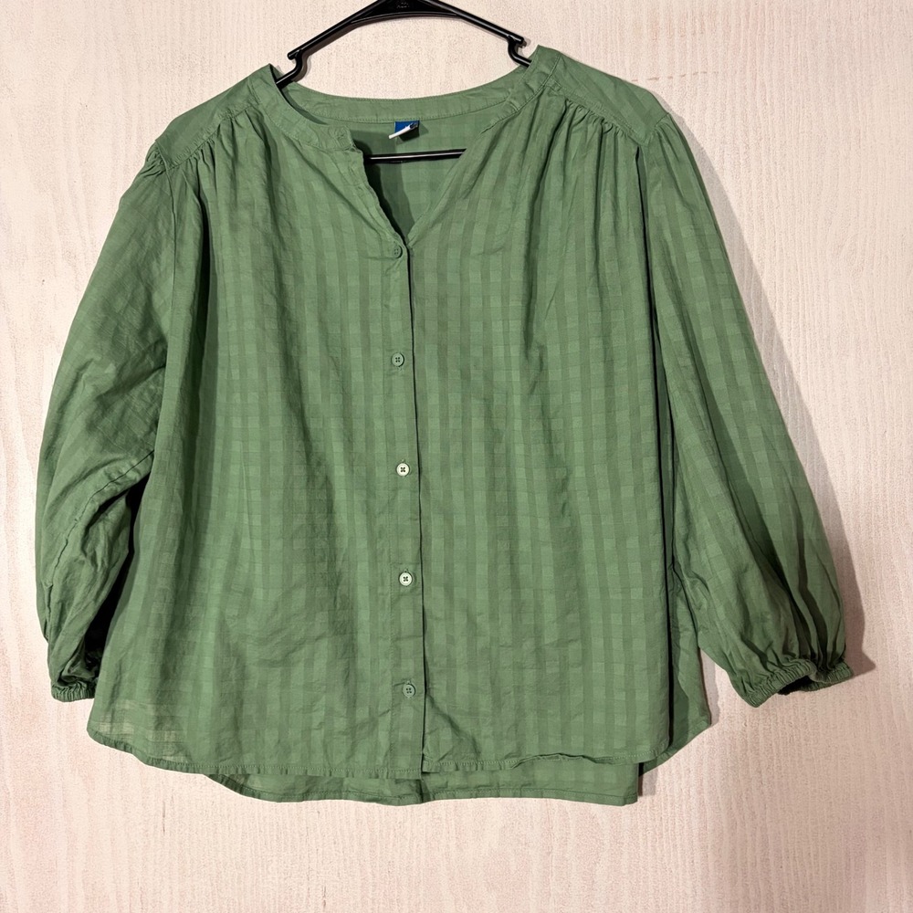 Old Navy Blouse Women Large Green Cotton Balloon Sleeve Grid Top